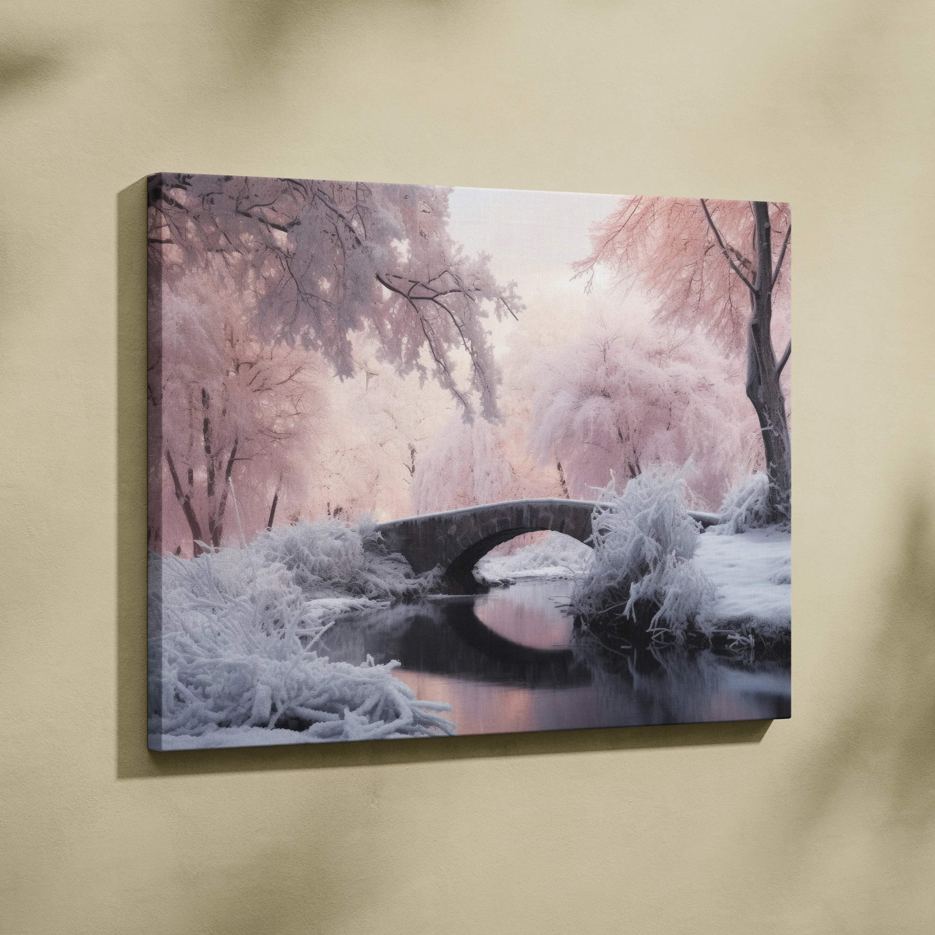 Canvas wall art featuring a snowy stone bridge over a calm river surrounded by frosted trees.