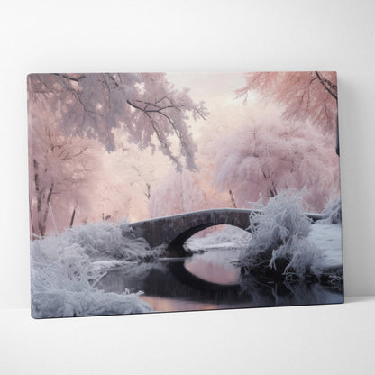 Winter snowy bridge canvas wall art with soft pink and white tones for home decor.