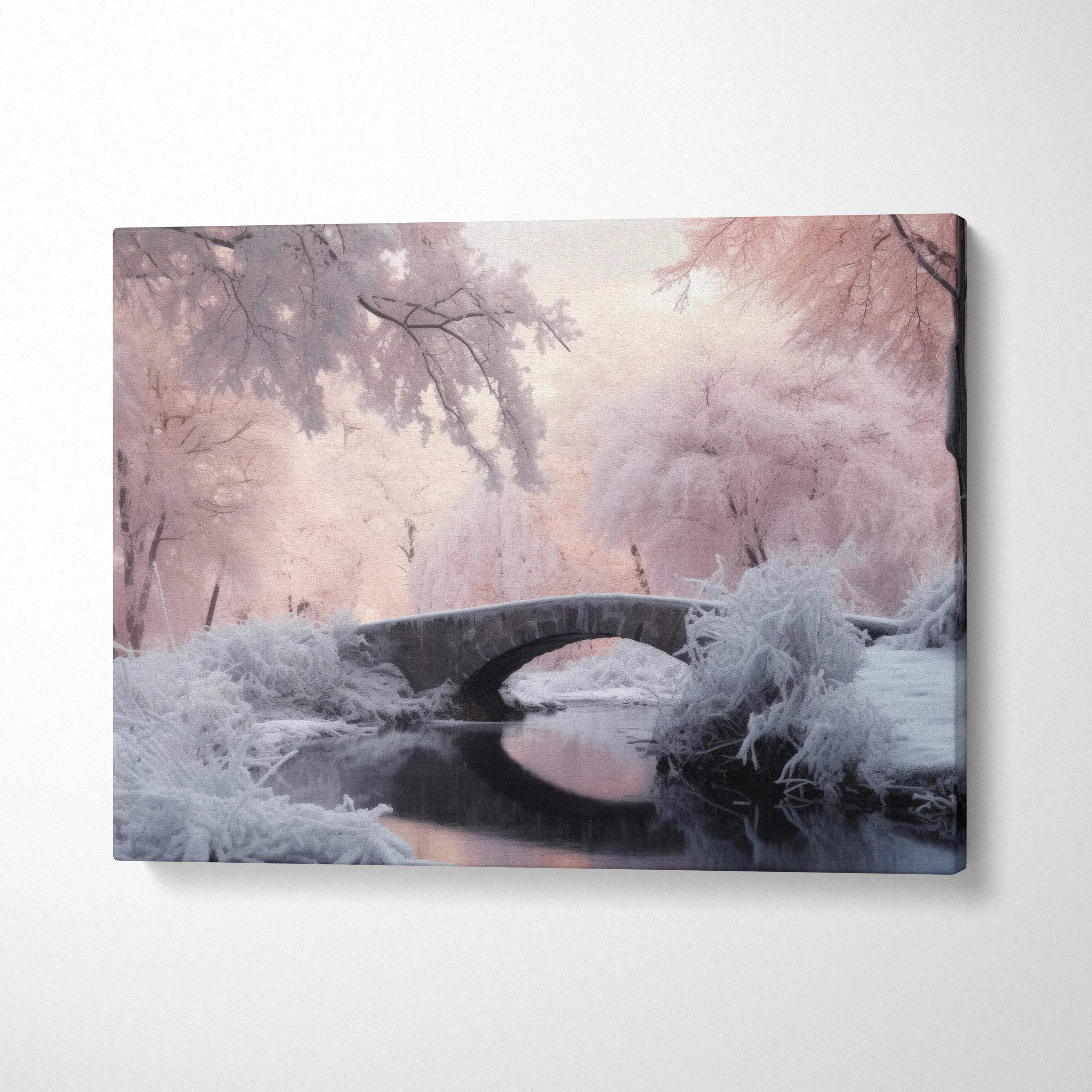 Winter snowy bridge landscape canvas wall art with soft pink and white tones for home decor.