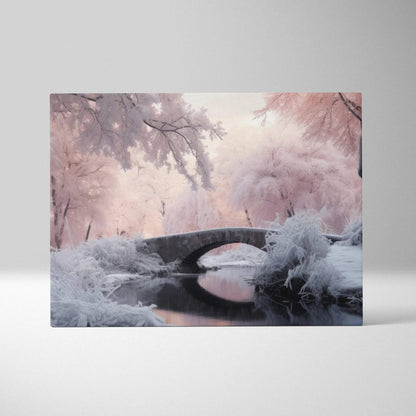 Canvas wall art featuring a snowy stone bridge surrounded by frosted trees in soft pink and white tones.