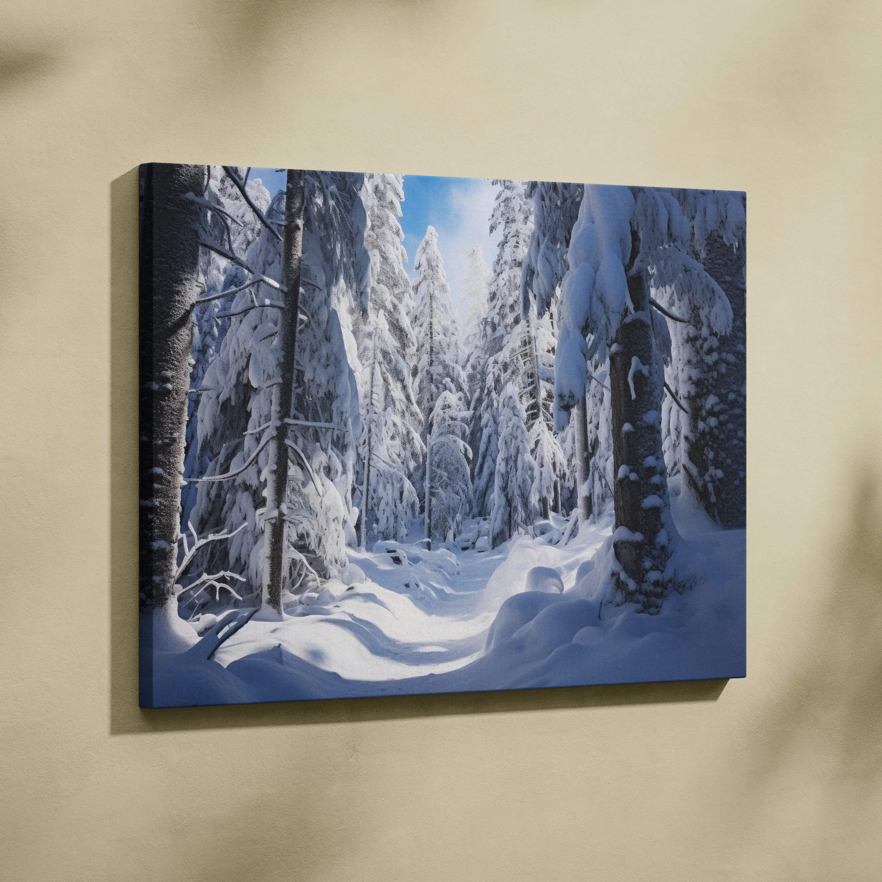 Snowy forest winter scene canvas wall art with tranquil snow-covered trees and soft blue sky decor.