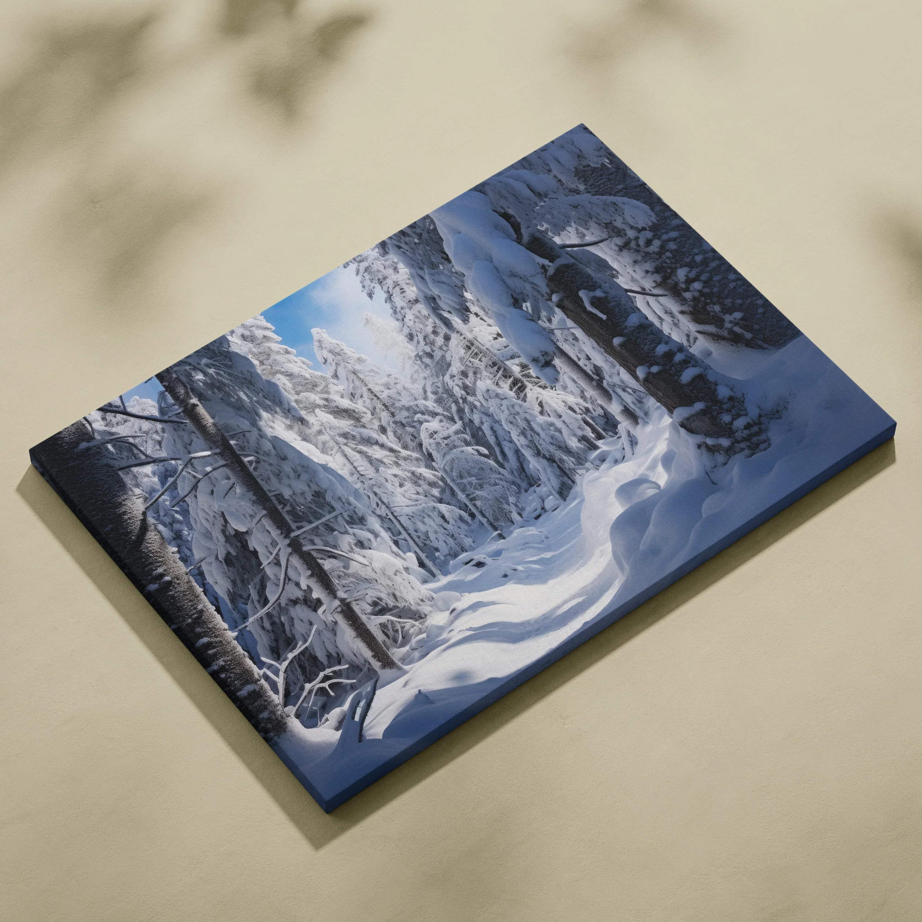 Snowy forest winter scene canvas wall art with tranquil blue and white decor tones.