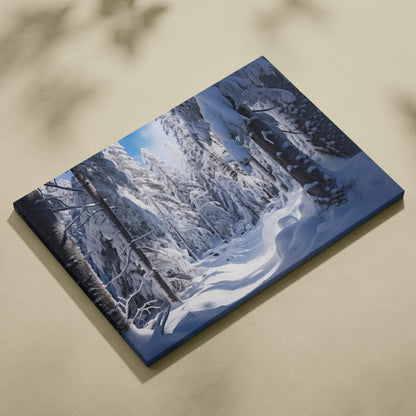 Snowy forest winter scene canvas wall art with tranquil blue and white decor tones.