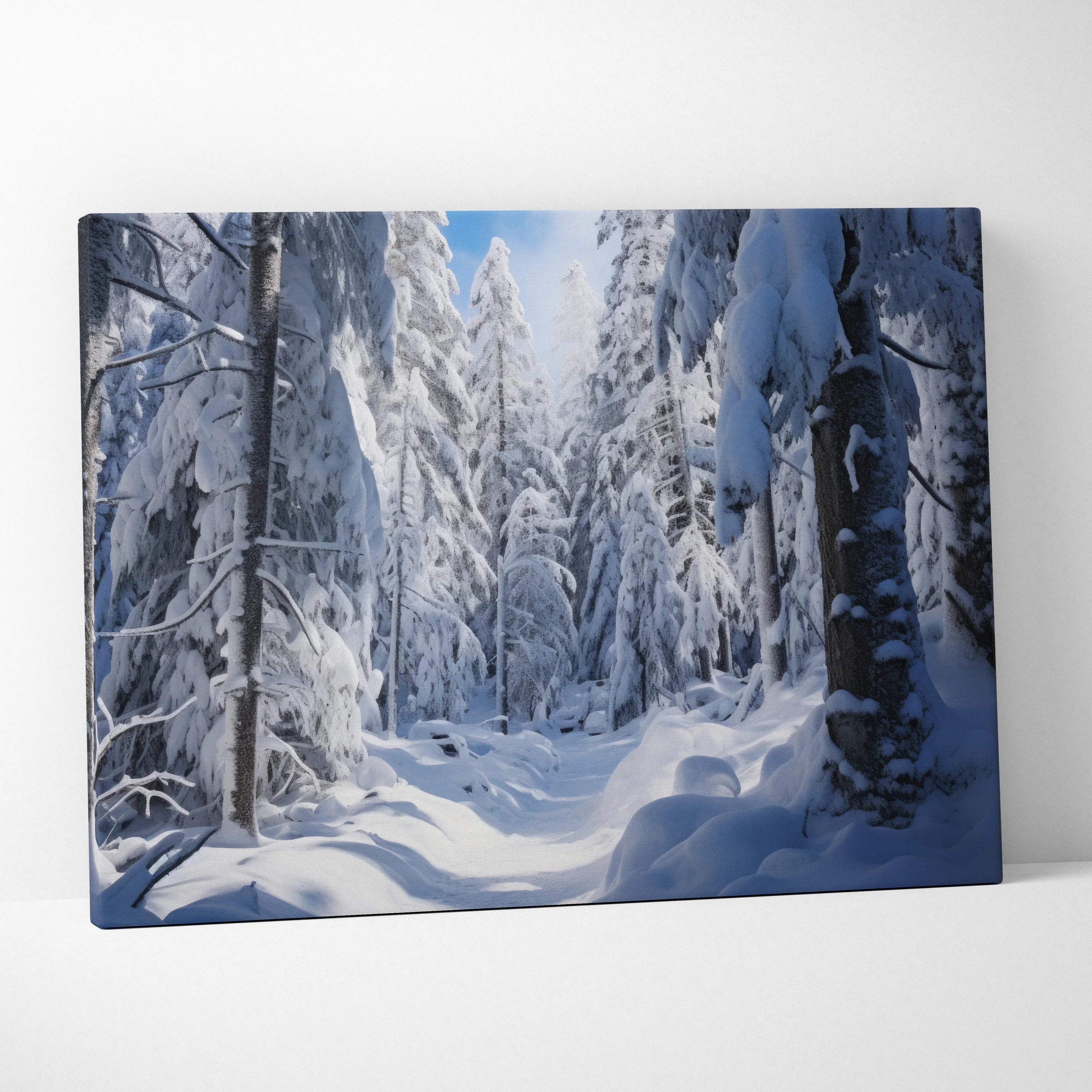 Snowy forest winter scene canvas wall art with tranquil snowy trees and soft light decor.