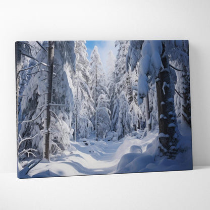 Snowy forest winter scene canvas wall art with tranquil snowy trees and soft light decor.