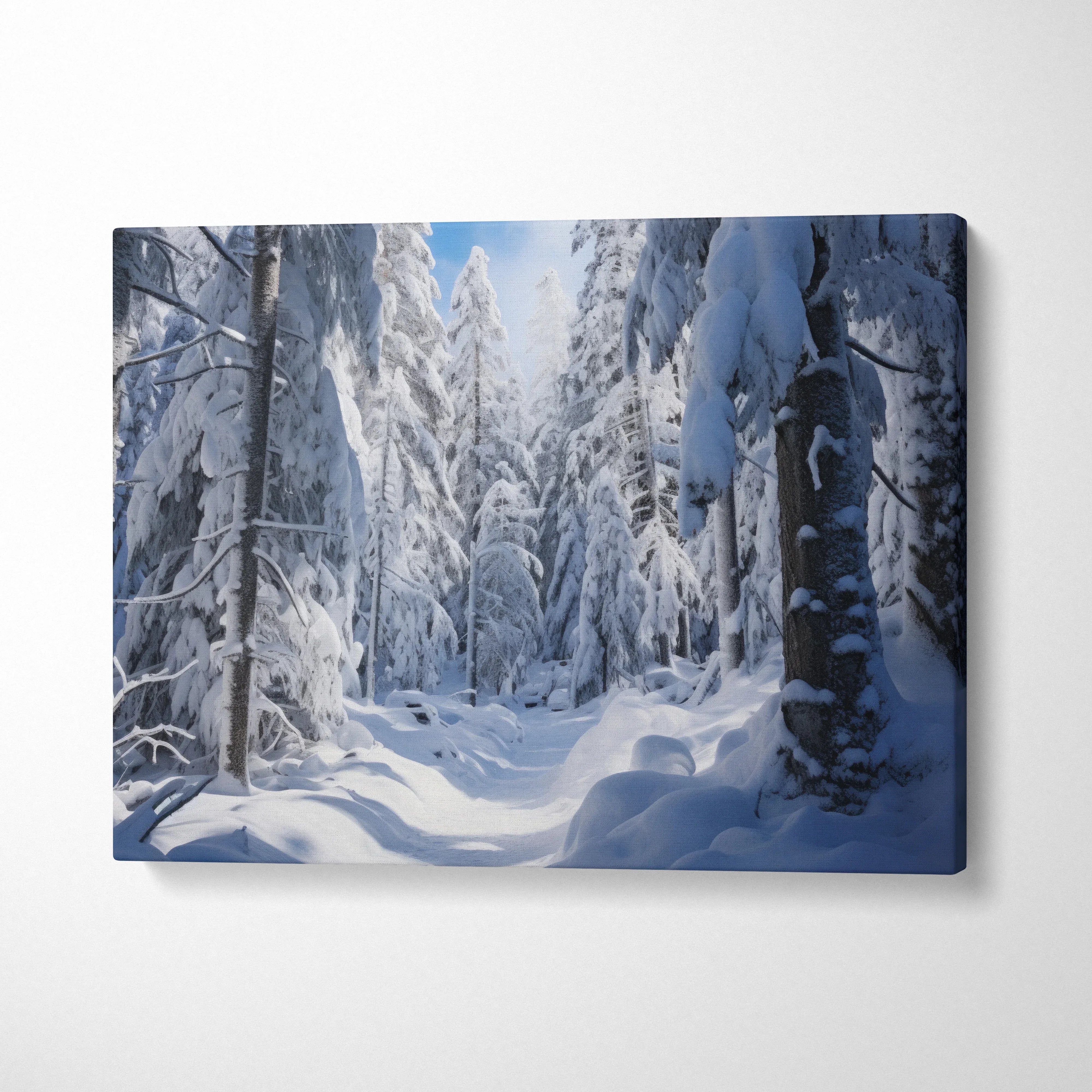 Winter snowy forest canvas wall art with tranquil snow-covered trees and serene decor scene.