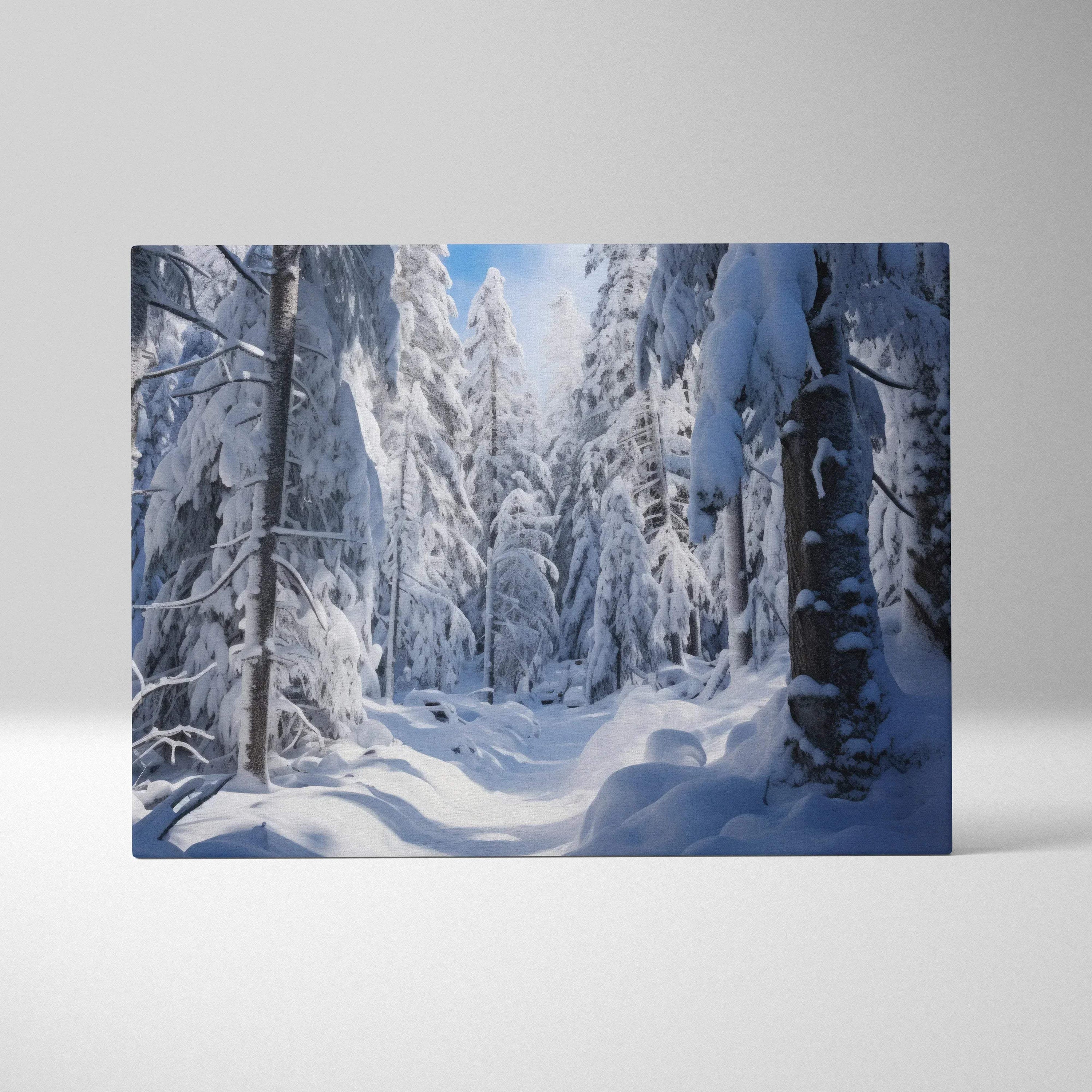 Winter snowy forest scene canvas wall art with tranquil trees and fresh snow decor.