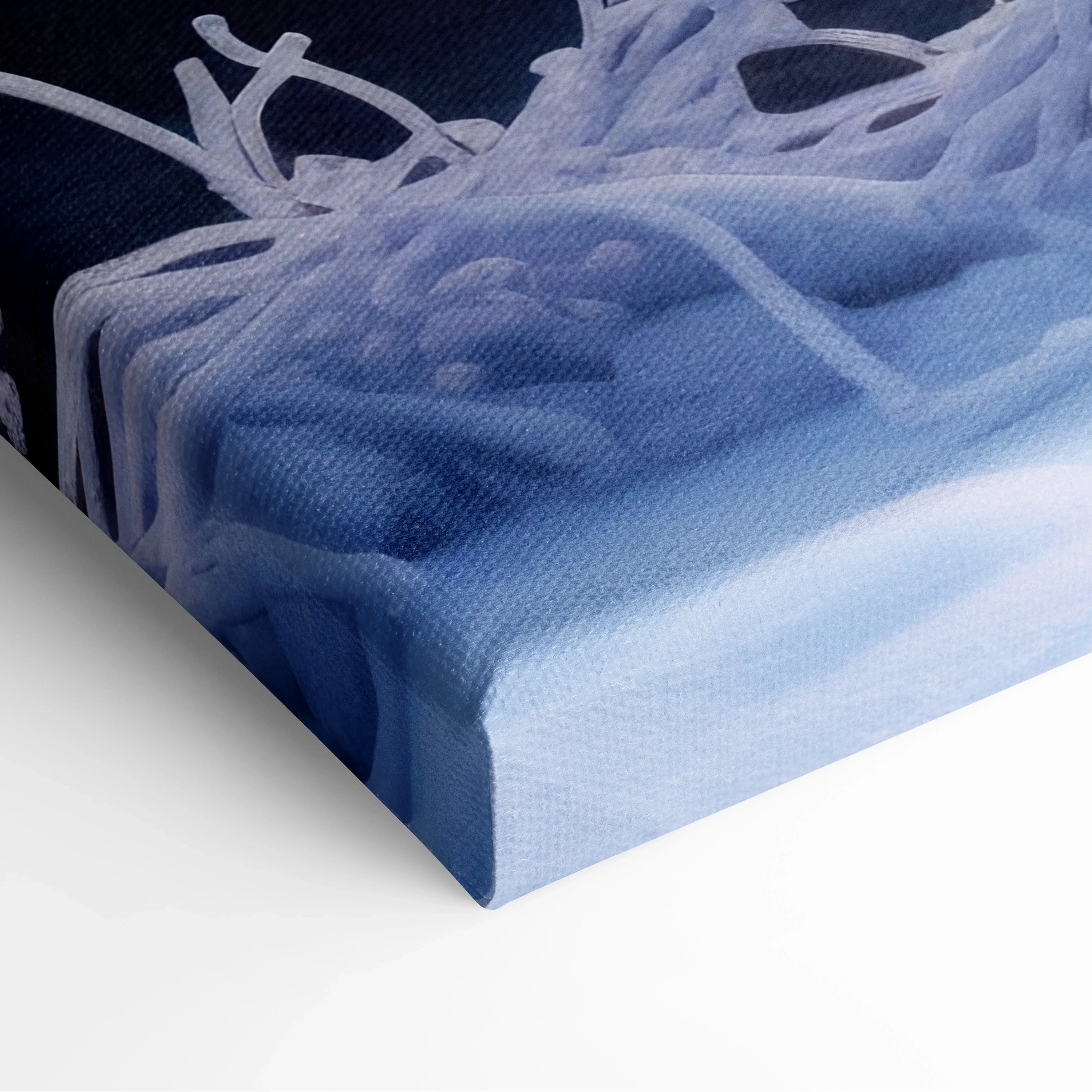 Canvas wall art with textured snowy branches in shades of blue and white under soft sunset light.