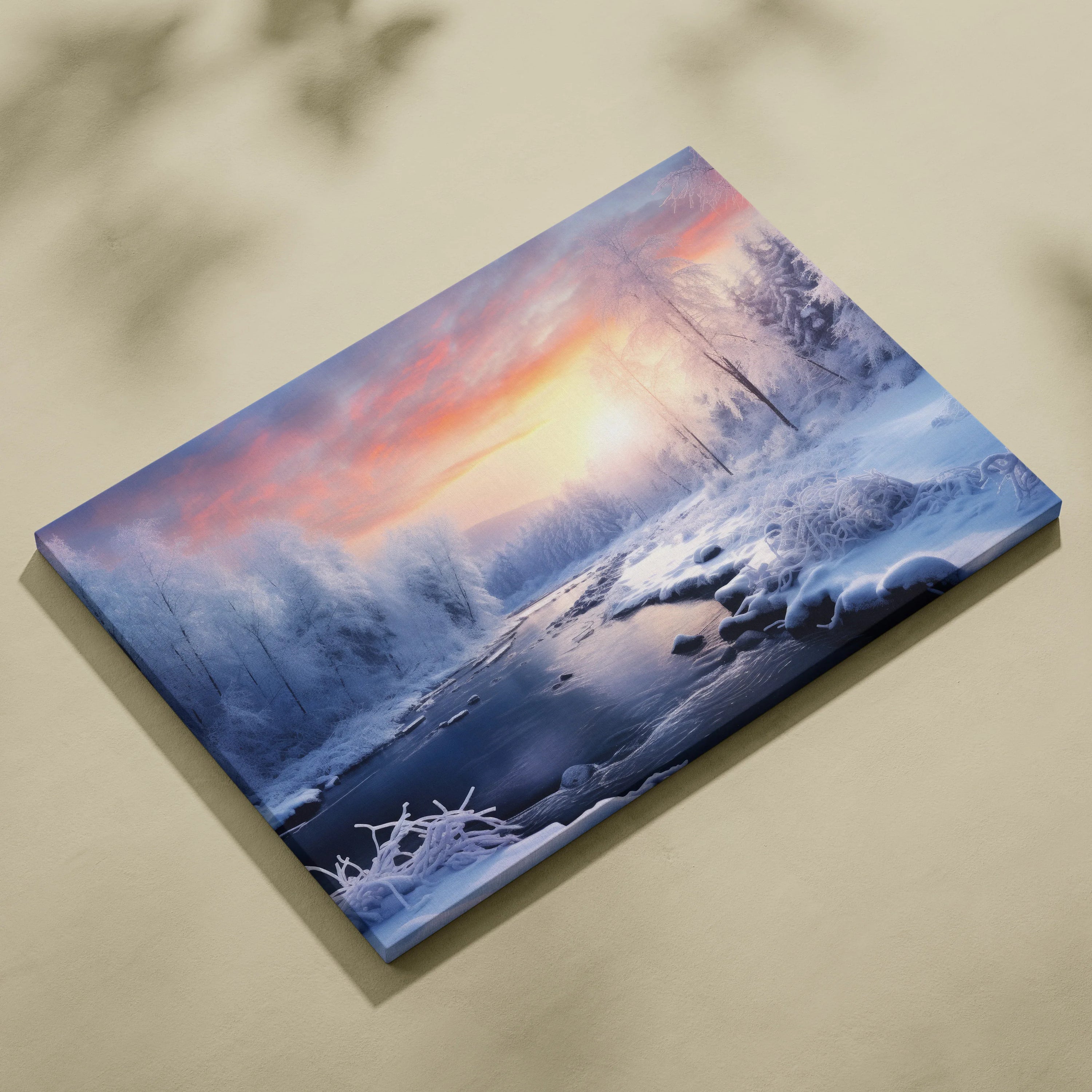 Canvas wall art depicting a snowy winter landscape with a glowing orange and purple sunset over a frozen river and.