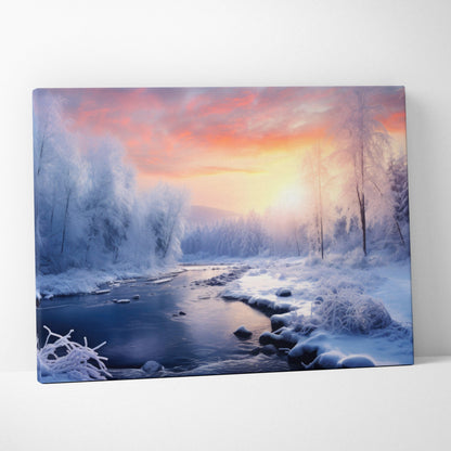 Canvas wall art showing a snowy winter landscape with a glowing orange and pink sunset over a serene river and frosted trees.