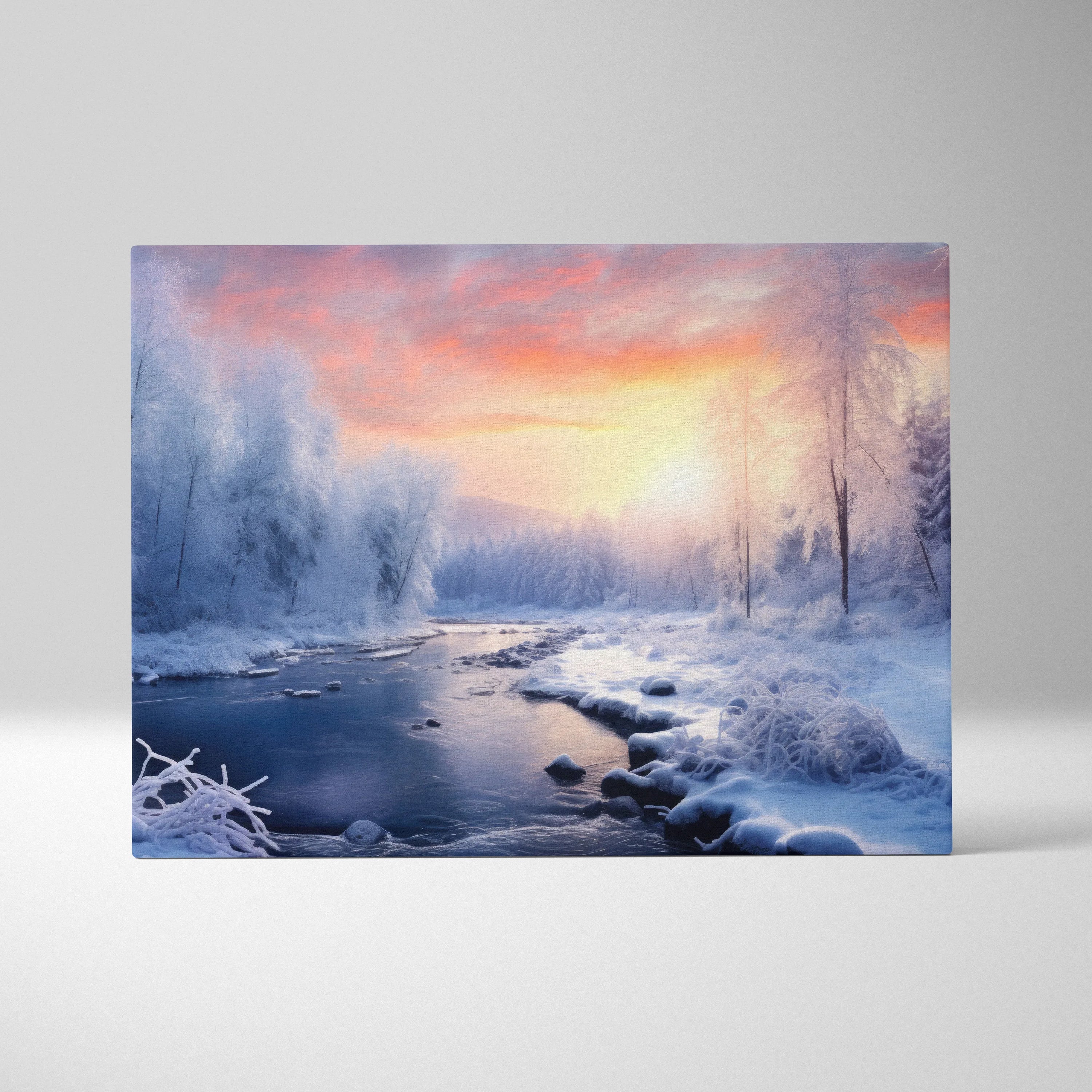 Canvas wall art depicting a snowy river landscape at sunset with soft pink and orange skies and frosted trees.
