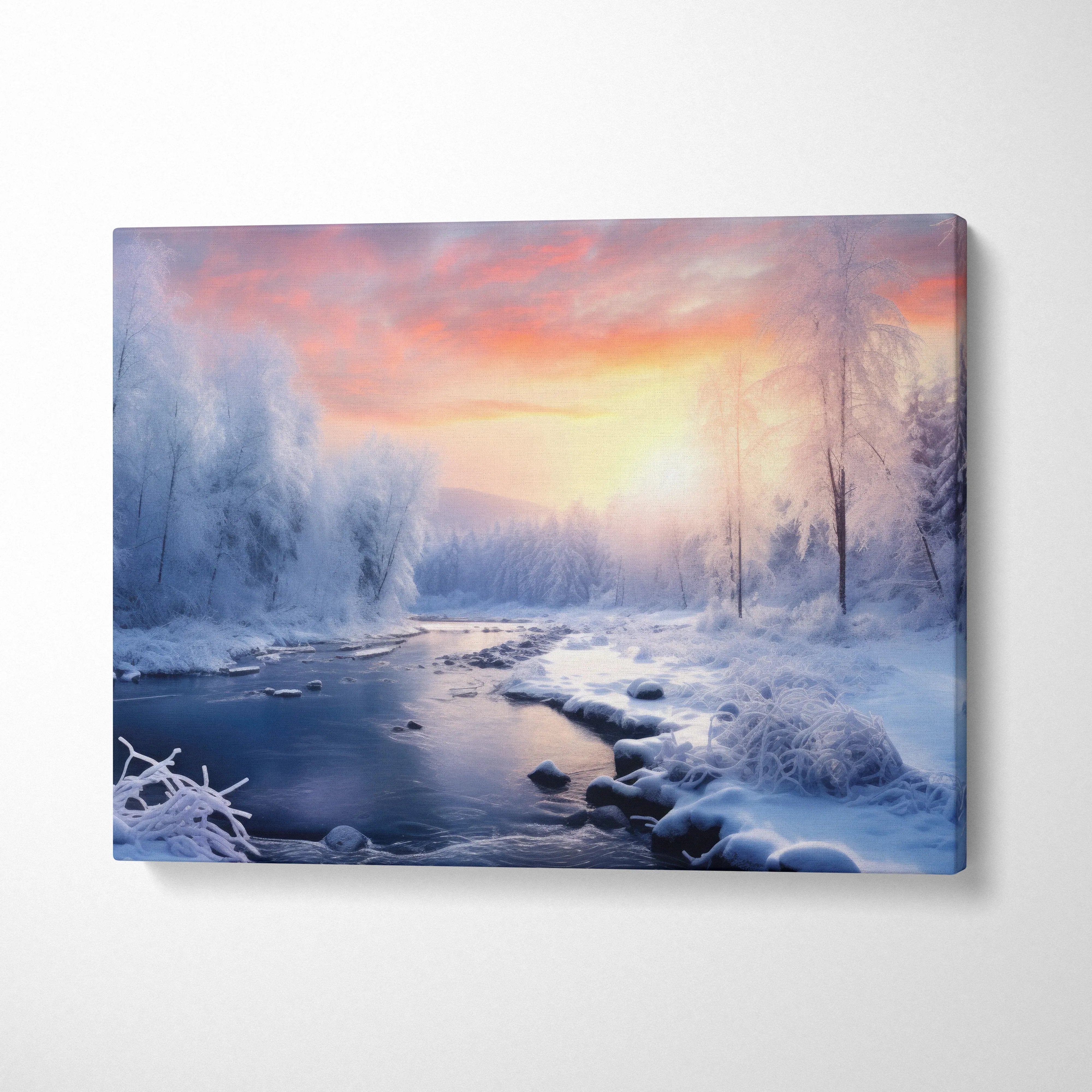 Canvas wall art featuring a snowy winter sunset landscape with a river and frosted trees in soft pastel colors.