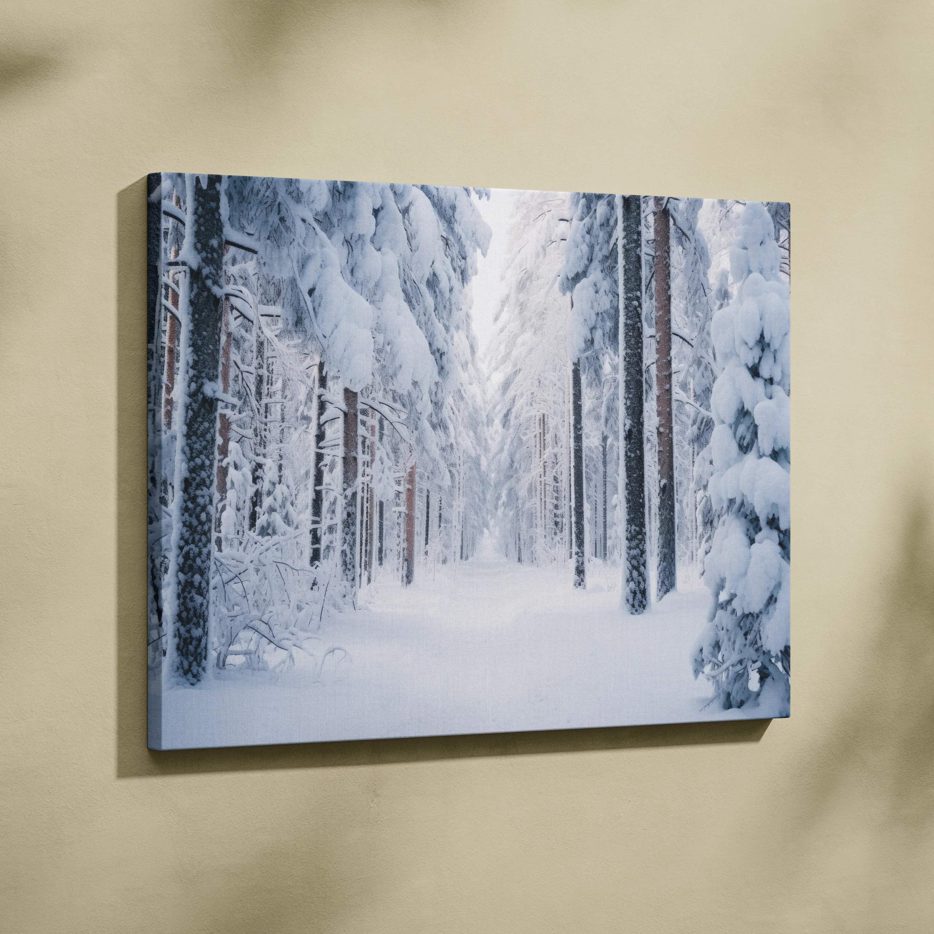 Winter snowy forest landscape canvas wall art with tall snow-covered pine trees and soft light decor.