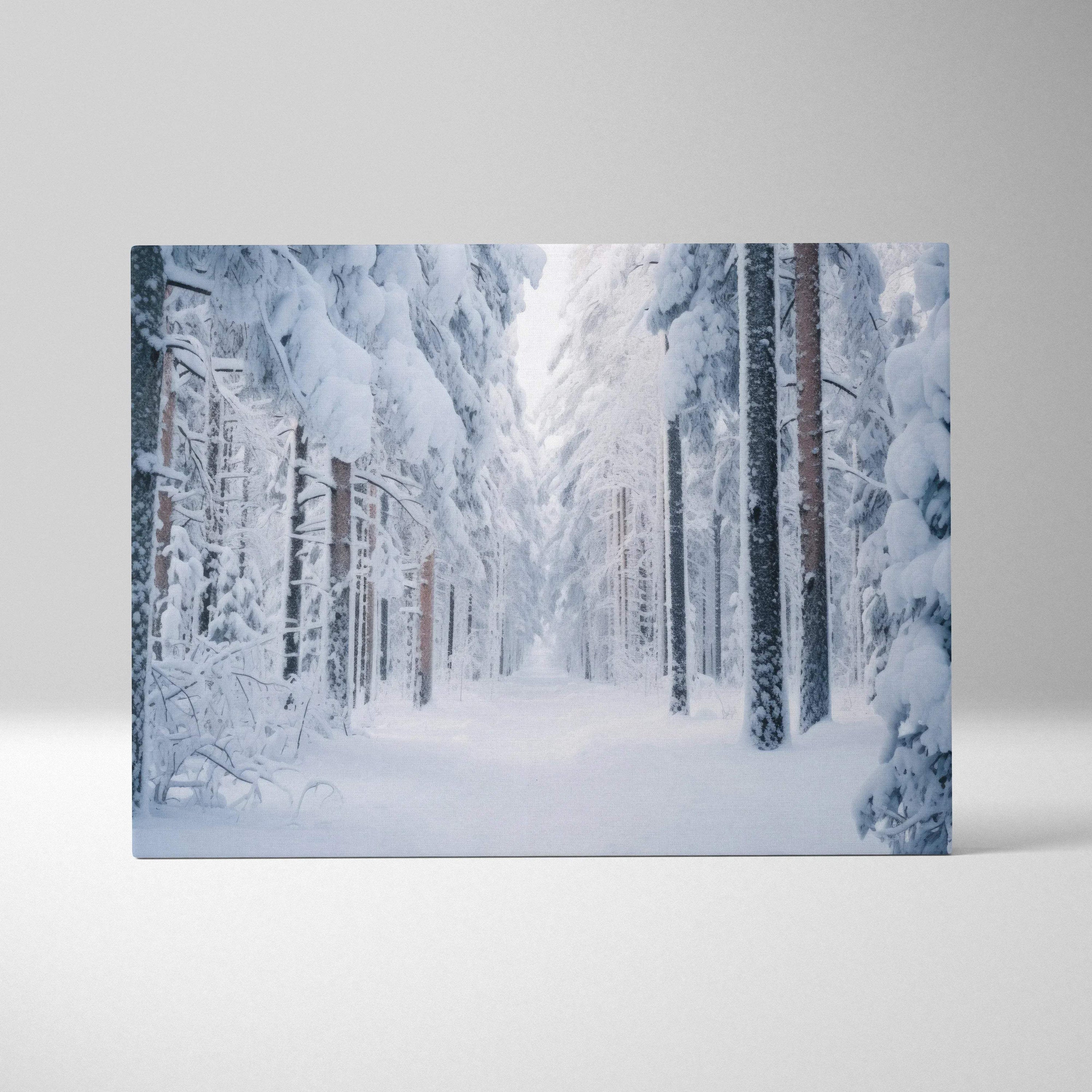 Canvas wall art featuring a snowy forest scene with tall trees covered in thick white snow, creating a serene winter.
