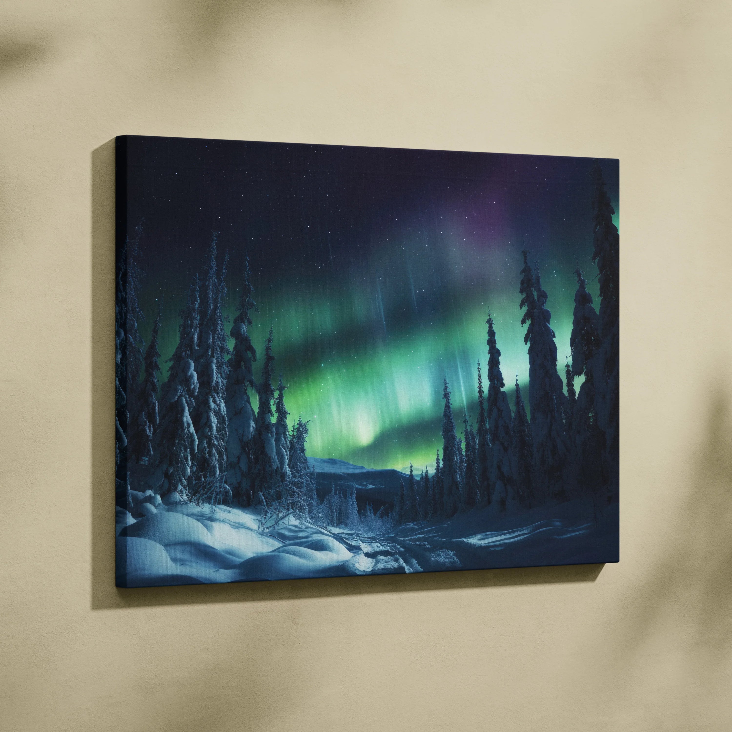 Canvas wall art featuring a snowy forest under green and purple northern lights, serene decor.