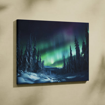 Canvas wall art featuring a snowy forest under green and purple northern lights, serene decor.