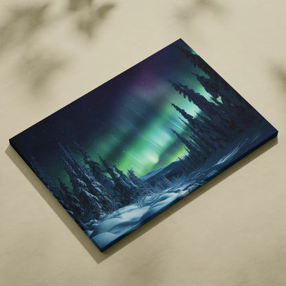 Canvas wall art depicting a snowy forest under vibrant northern lights, dark pine trees silhouette decor.