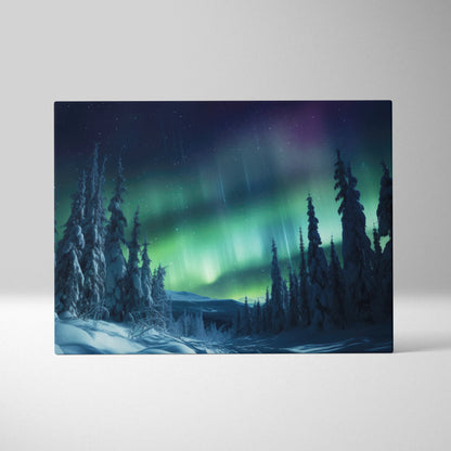 Canvas wall art depicting a snowy forest with tall pine trees under vibrant green and purple northern lights.