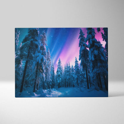 Canvas wall art featuring a snowy forest under vibrant purple and blue northern lights decor.