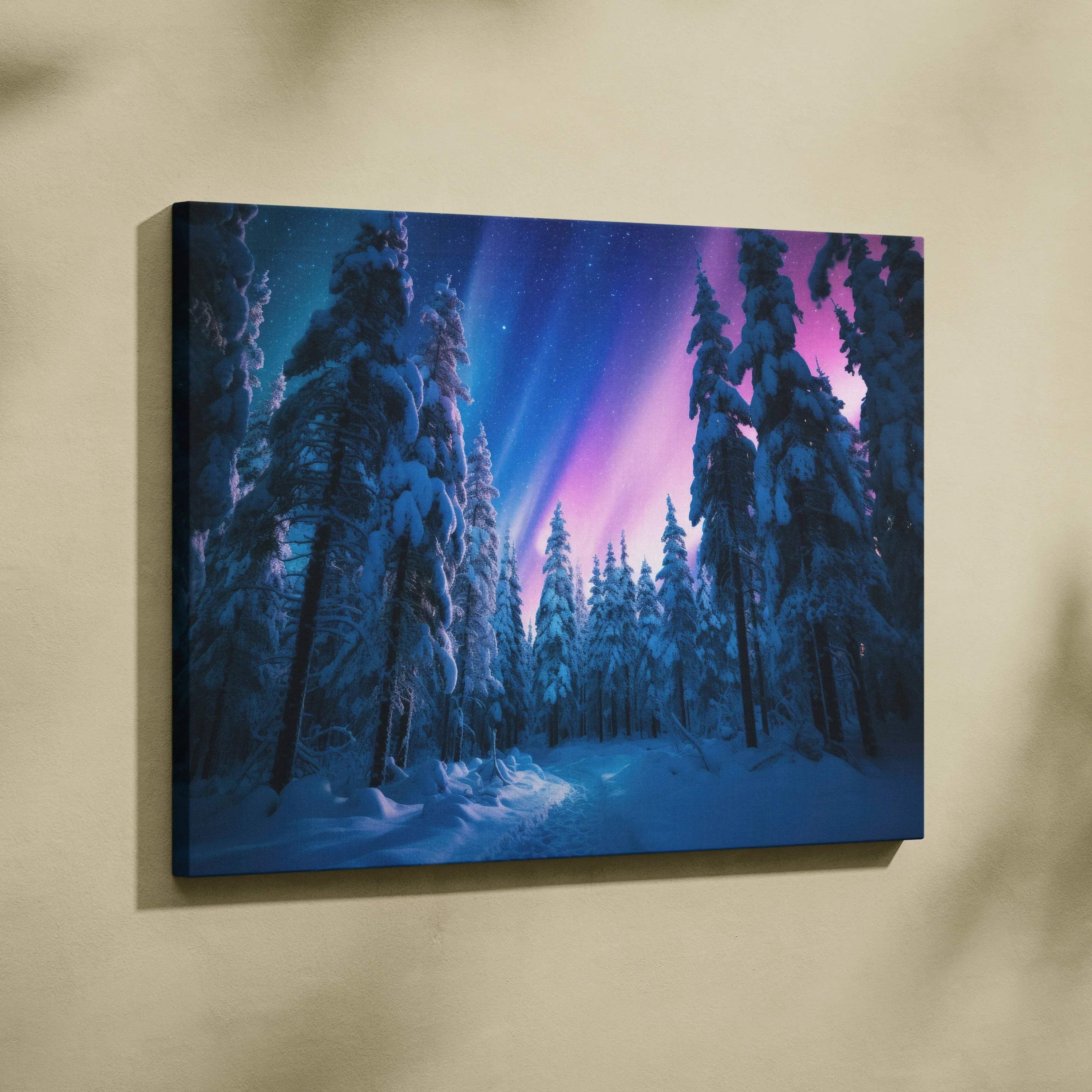 Canvas wall art depicting a snowy forest under vibrant purple and blue northern lights at night.