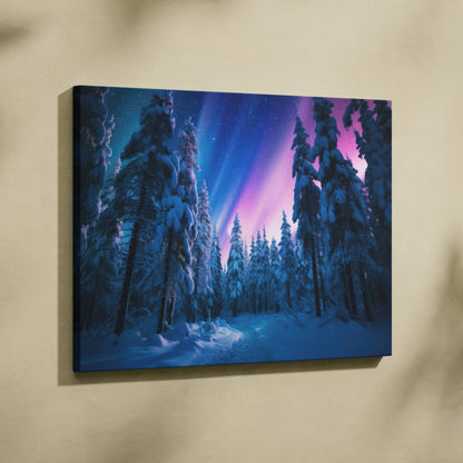 Canvas wall art depicting a snowy forest under vibrant purple and blue northern lights at night.