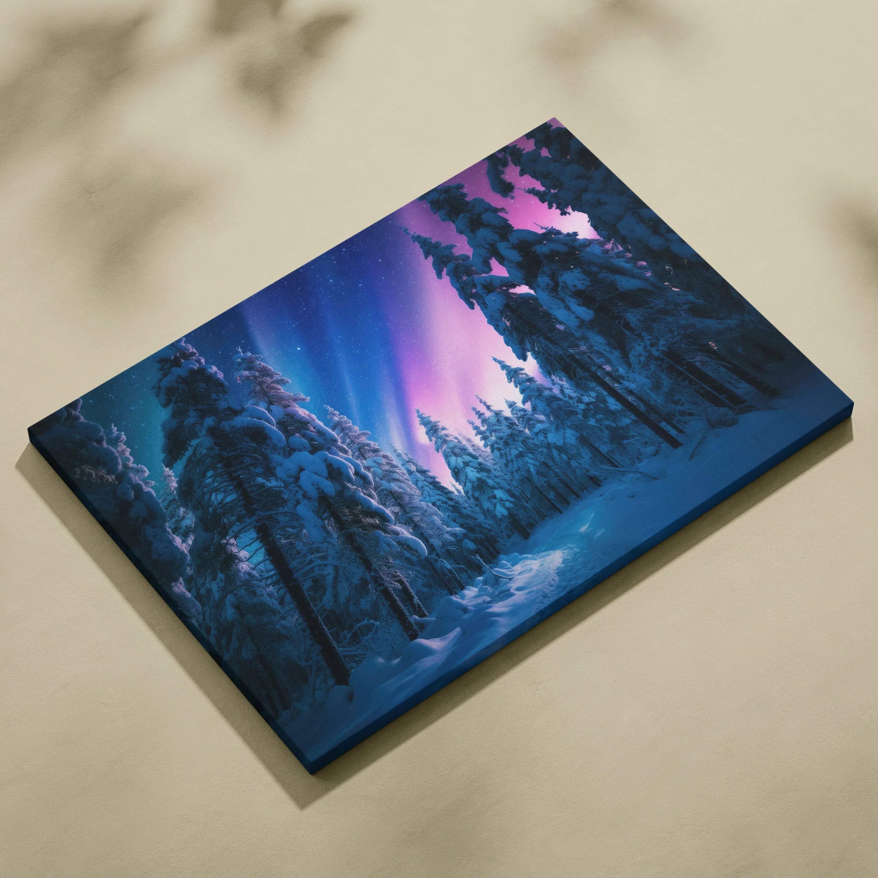Canvas wall art featuring a snowy forest under vibrant pink and blue Northern Lights sky.