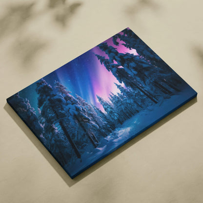Canvas wall art featuring a snowy forest under vibrant pink and blue Northern Lights sky.