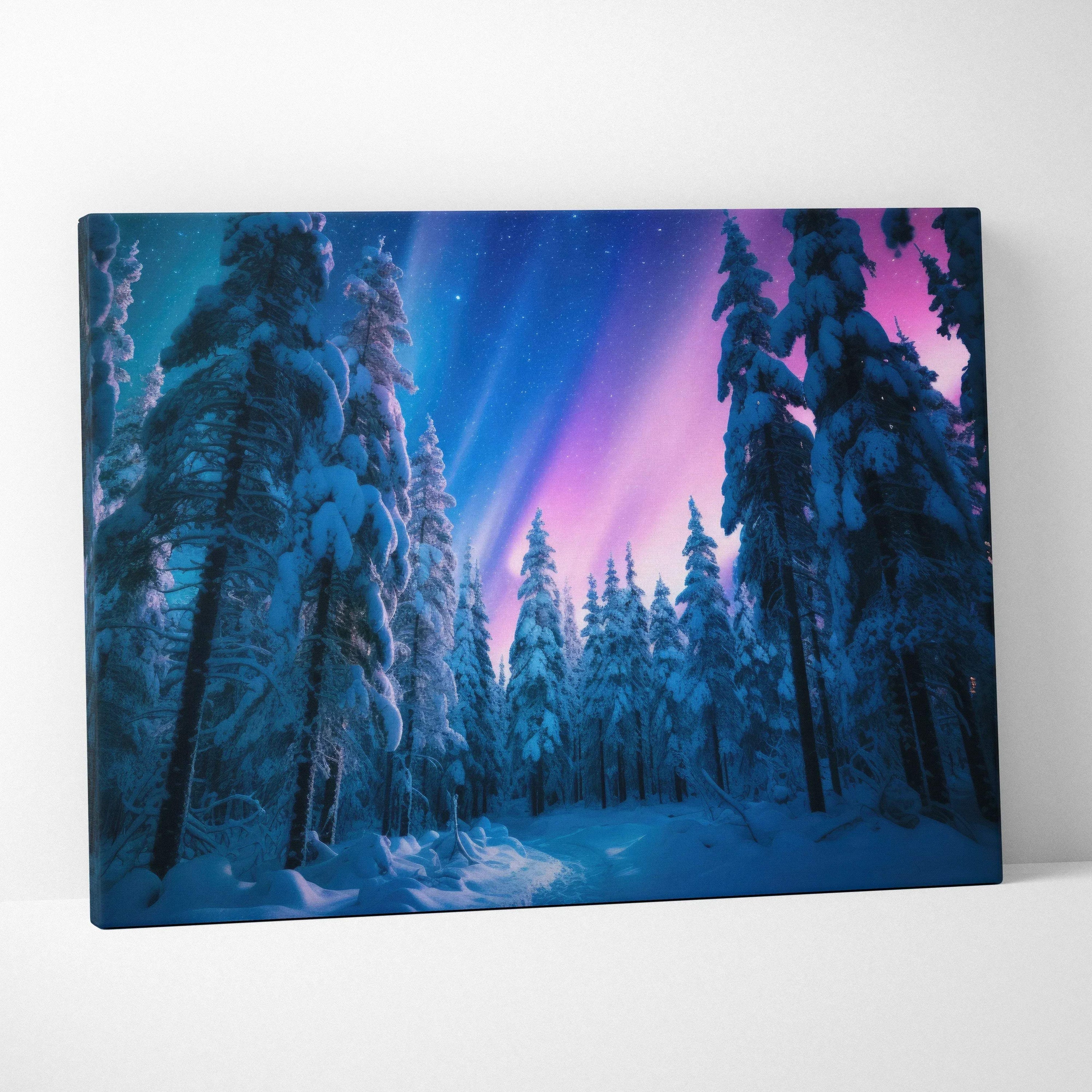 Canvas wall art featuring a snowy forest under vibrant purple and blue northern lights sky.