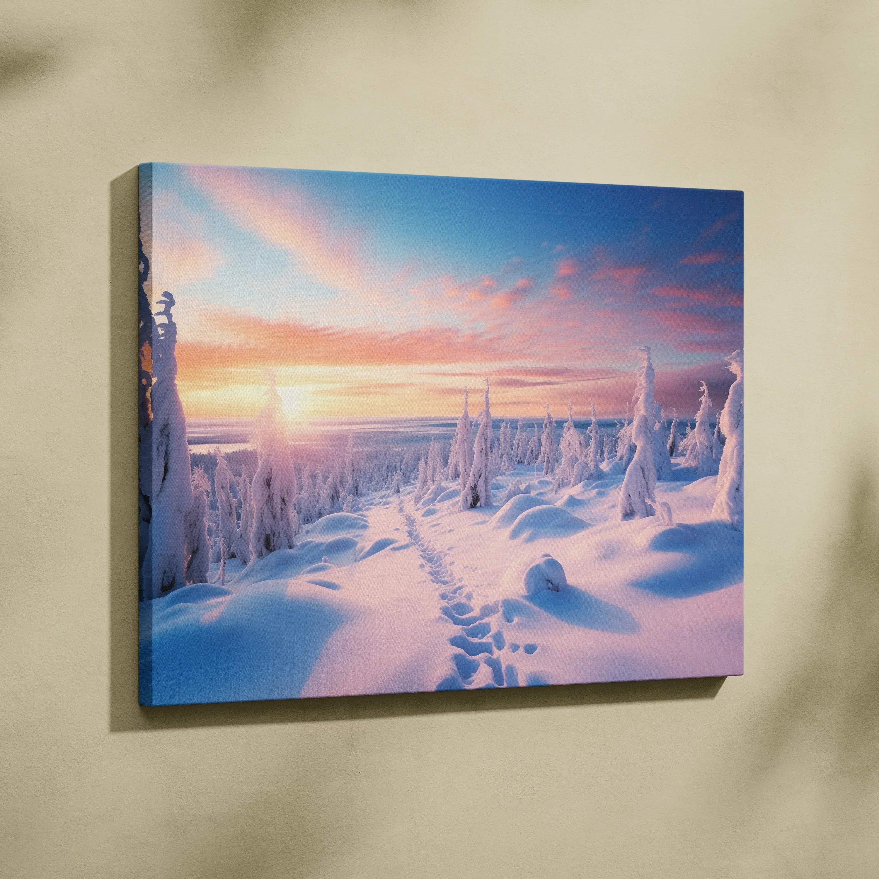 Winter snowy sunset landscape canvas wall art with soft pink and blue sky decor.