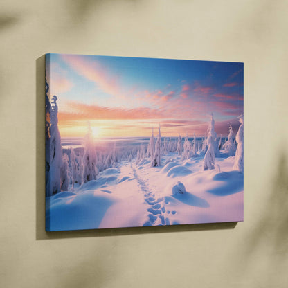 Winter snowy sunset landscape canvas wall art with soft pink and blue sky decor.