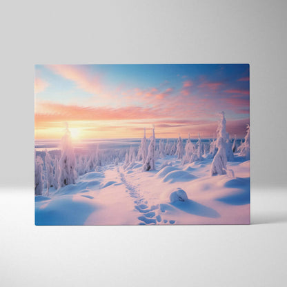 Wall art canvas showing a snowy landscape with soft pink and orange sunset sky over snow-covered trees and footprints in.