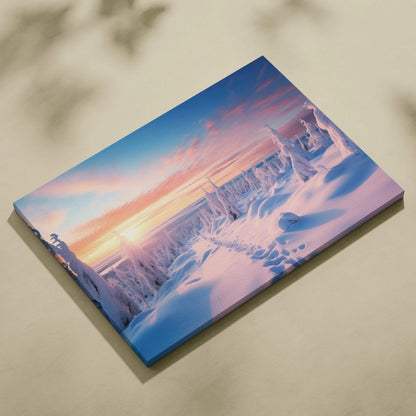 Canvas wall art featuring a snowy winter landscape with pink and purple sunset sky.