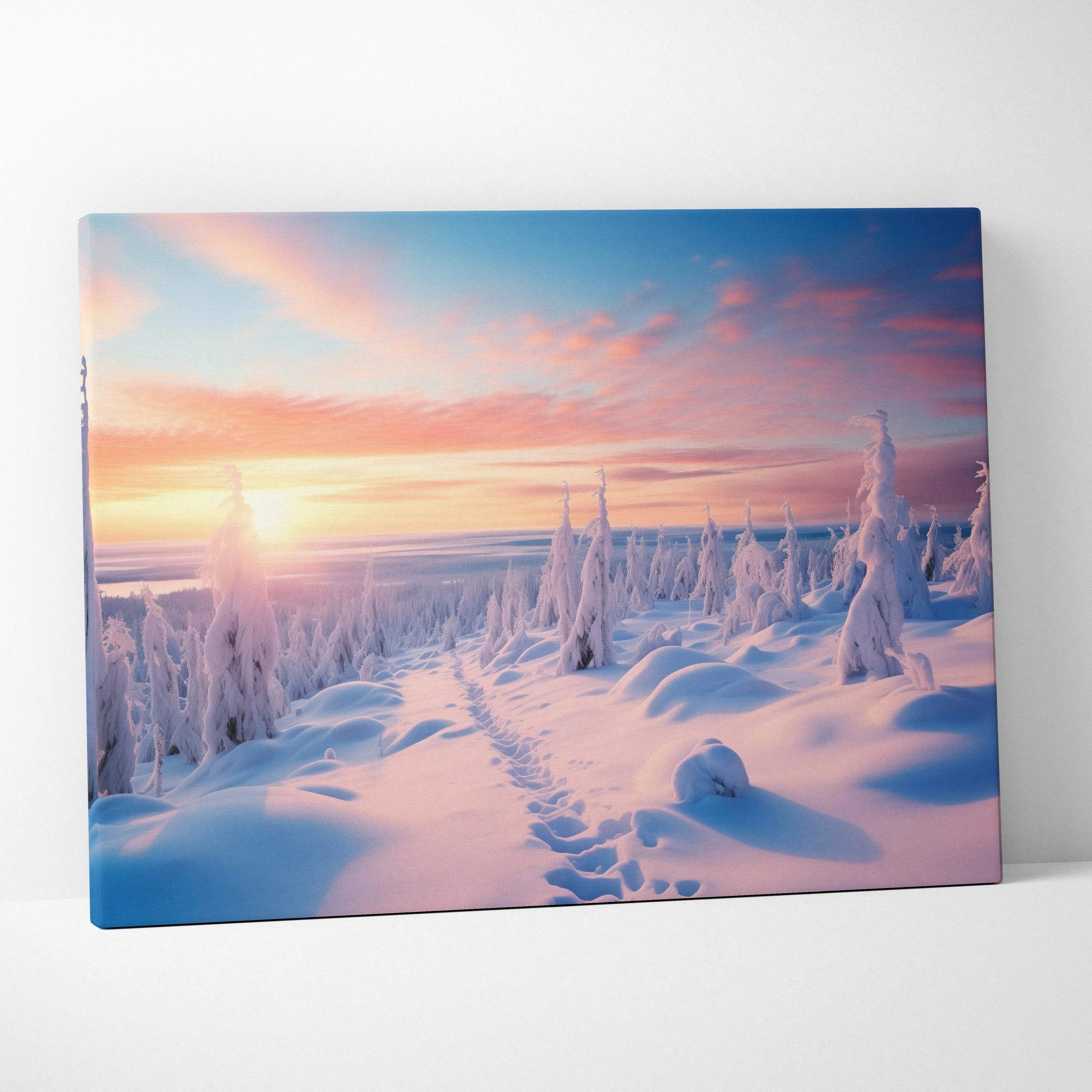 Canvas wall art showing a snowy landscape with snow-covered trees and a vivid pink and orange sunset sky.