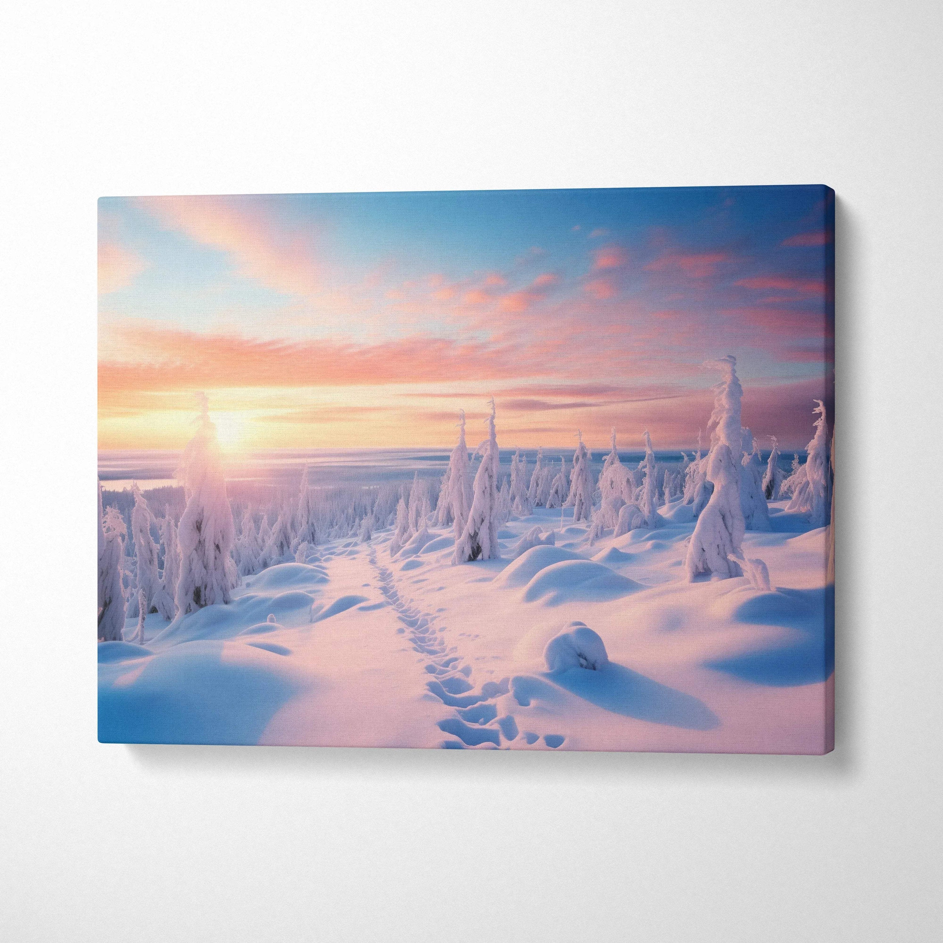 Winter snowy landscape digital canvas wall art with pink and blue sunset sky decor.
