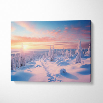 Winter snowy landscape digital canvas wall art with pink and blue sunset sky decor.