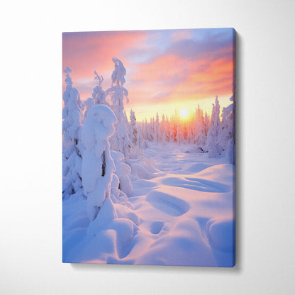 Canvas wall art featuring a snowy winter landscape at sunset with soft pink and orange skies for home decor.