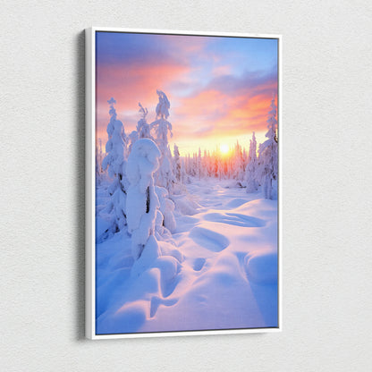 Canvas wall art featuring a snowy forest landscape at sunset with vibrant pink, orange, and purple sky colors.