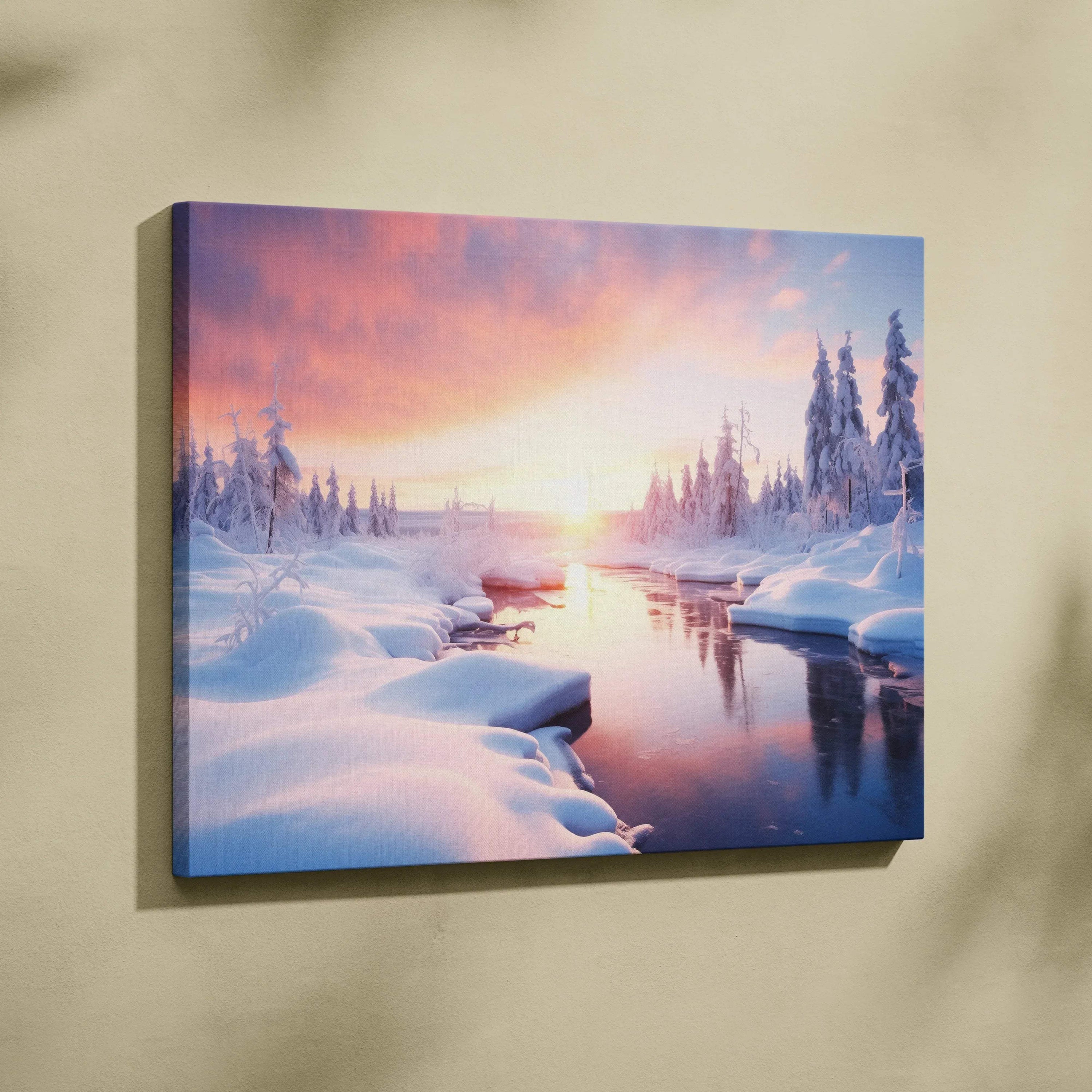 Canvas wall art depicting a snowy winter landscape with a glowing sunset and a calm river winding through snow-covered trees.