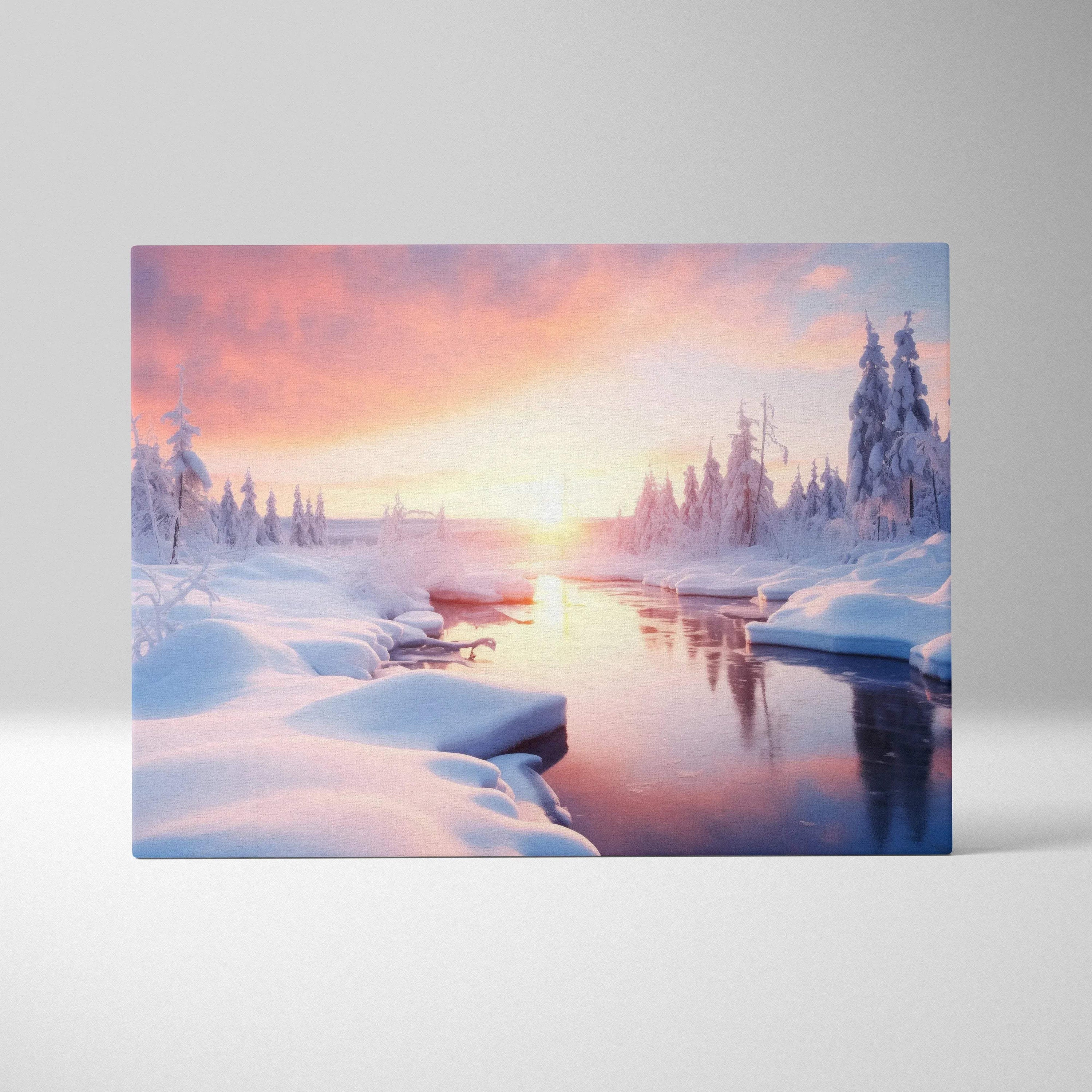 Canvas wall art depicting a snowy river landscape at sunset with soft pink and orange hues reflecting on the water.