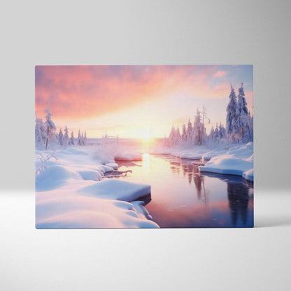 Canvas wall art depicting a snowy river landscape at sunset with soft pink and orange hues reflecting on the water.