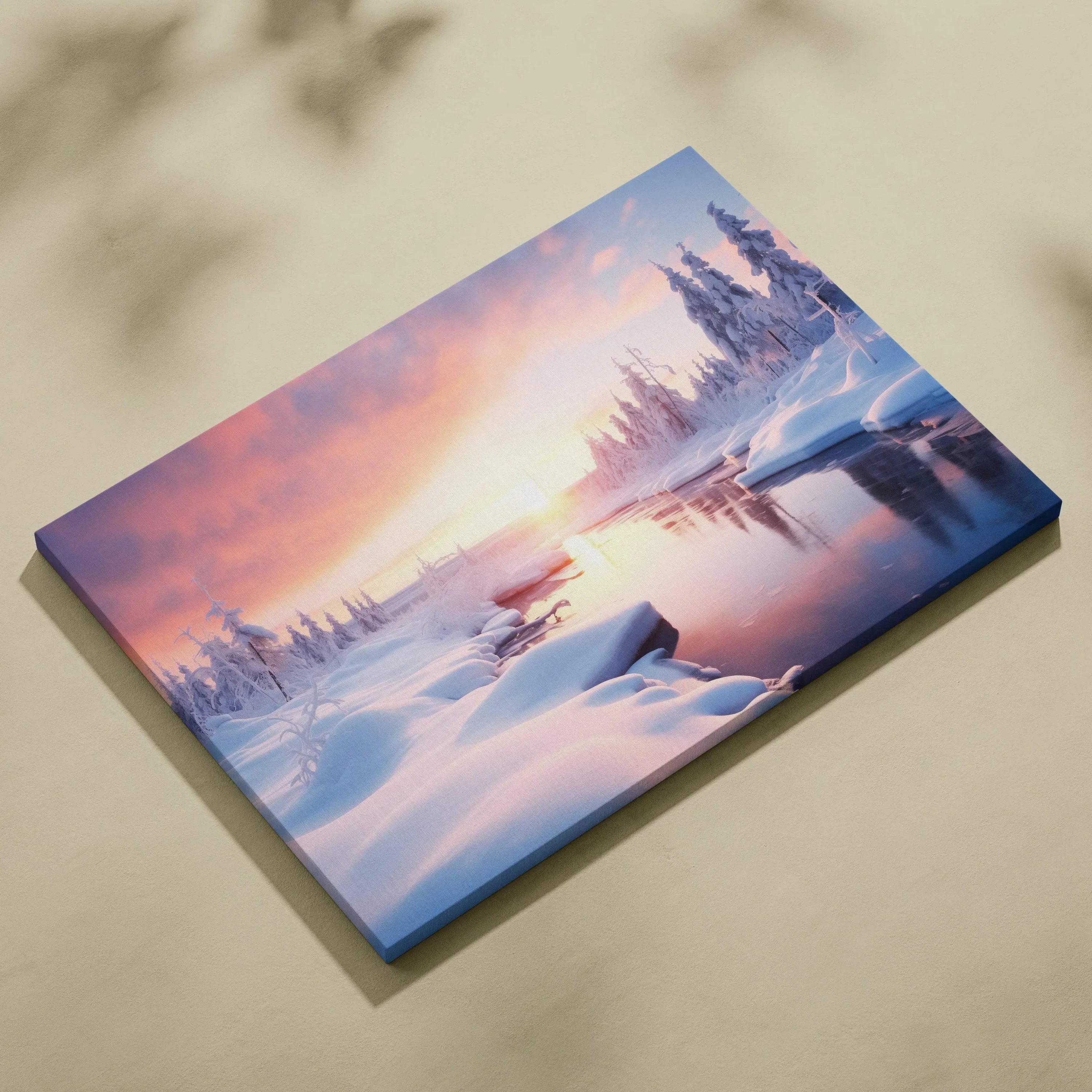 Canvas wall art featuring a snowy winter landscape with a glowing sunset and a reflective river.