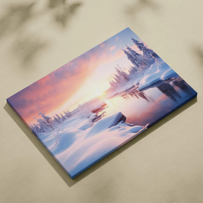 Canvas wall art featuring a snowy winter landscape with a glowing sunset and a reflective river.