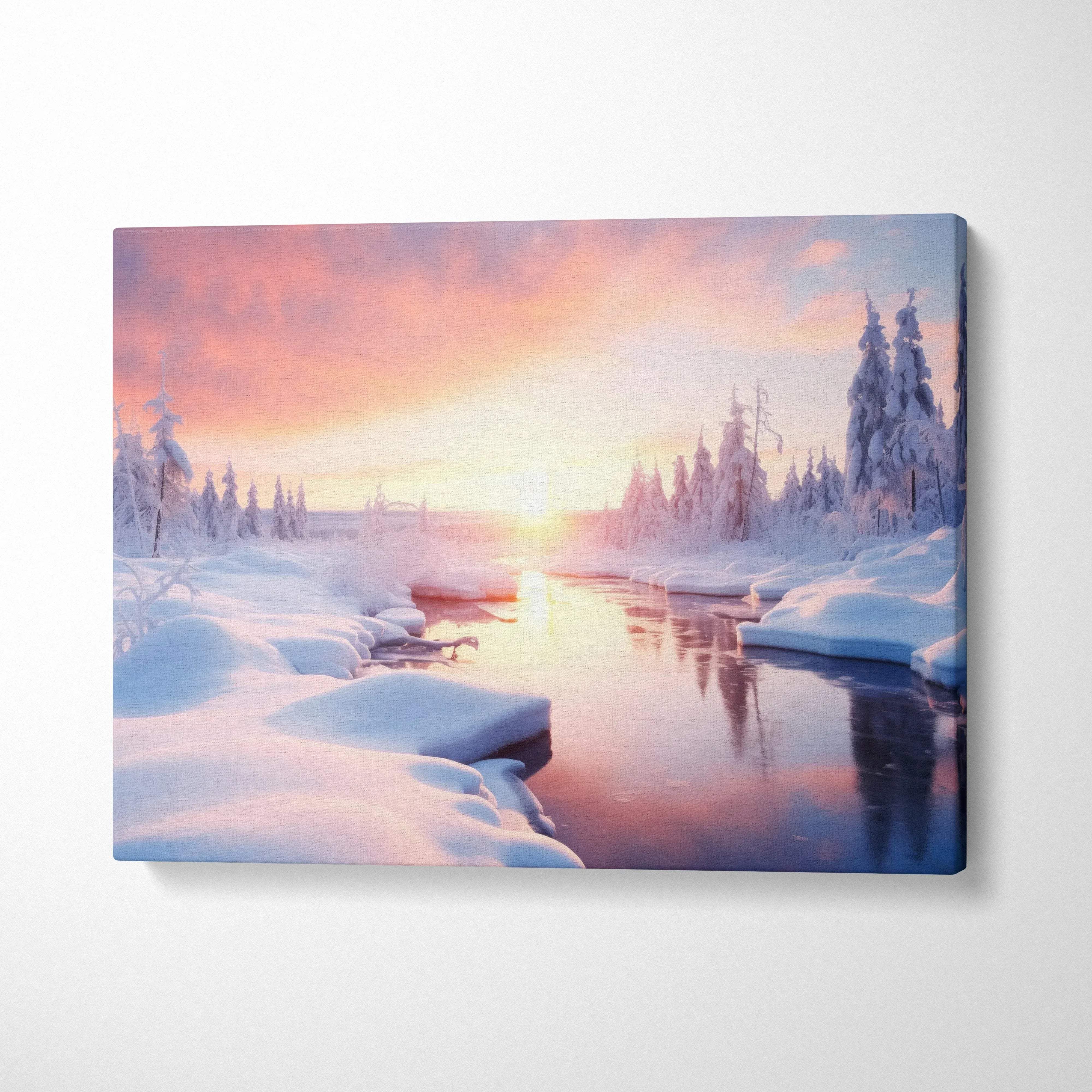 Winter landscape canvas wall art with snowy riverbank and vibrant sunset sky decor.
