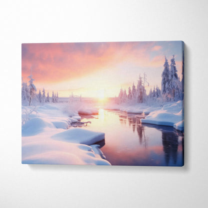 Winter landscape canvas wall art with snowy riverbank and vibrant sunset sky decor.