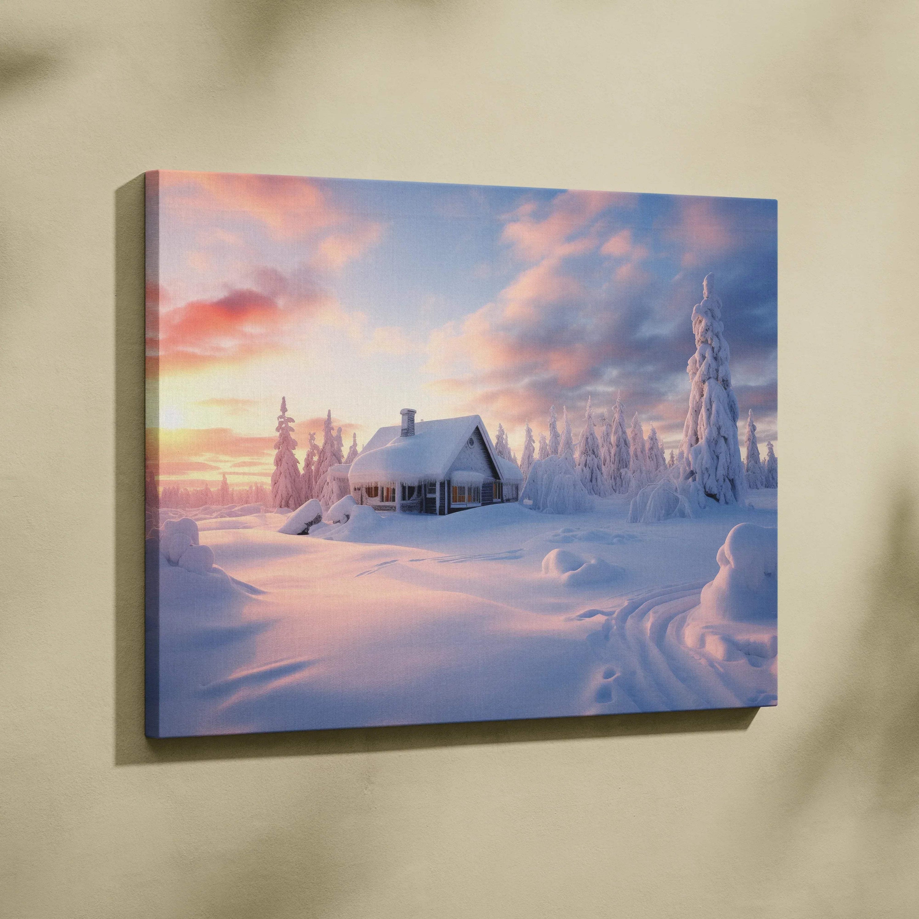 Canvas wall art featuring a snowy landscape with a cozy cabin at sunset under a pastel pink and blue sky.