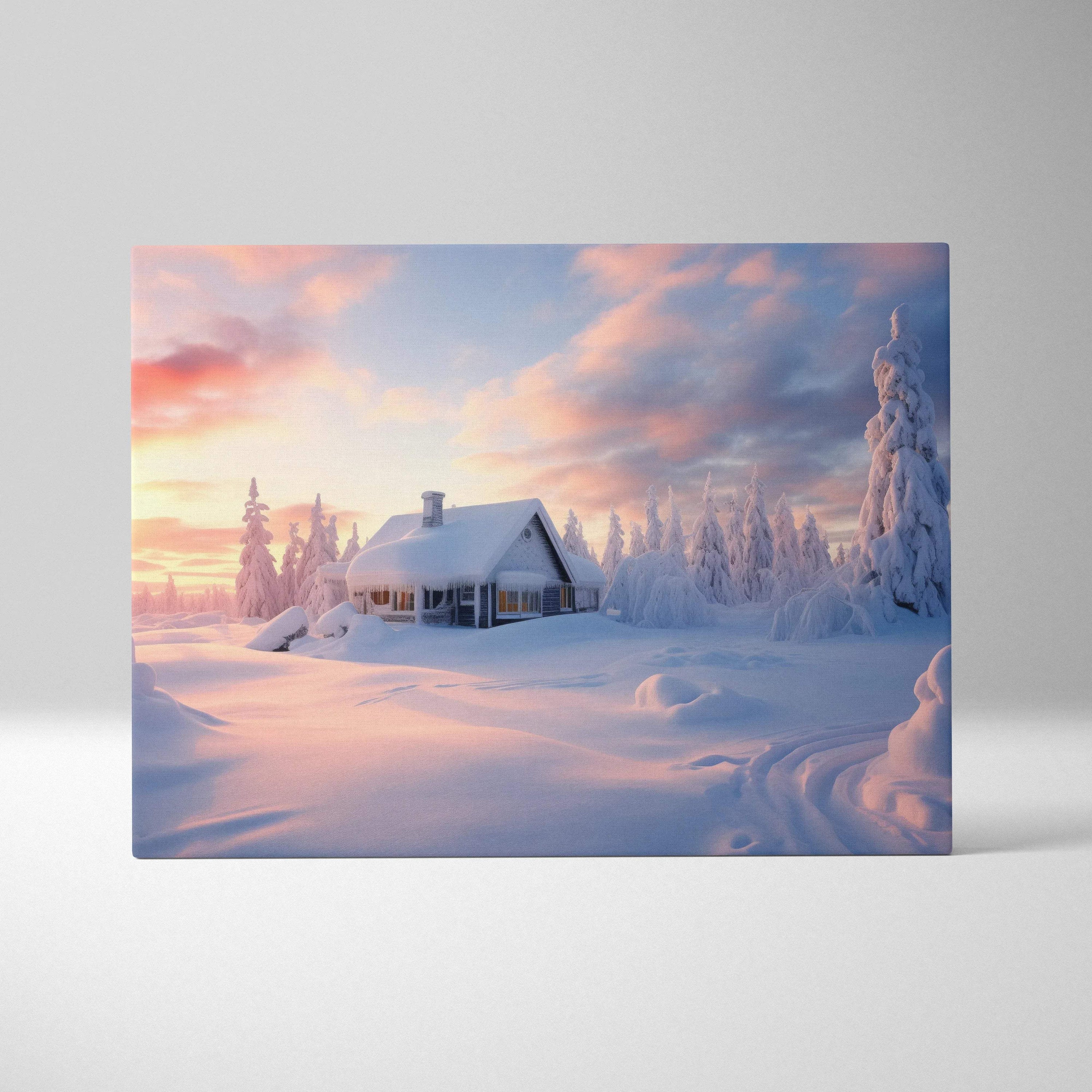 Canvas wall art featuring a snowy winter landscape with a cozy cabin under a vibrant sunset sky.