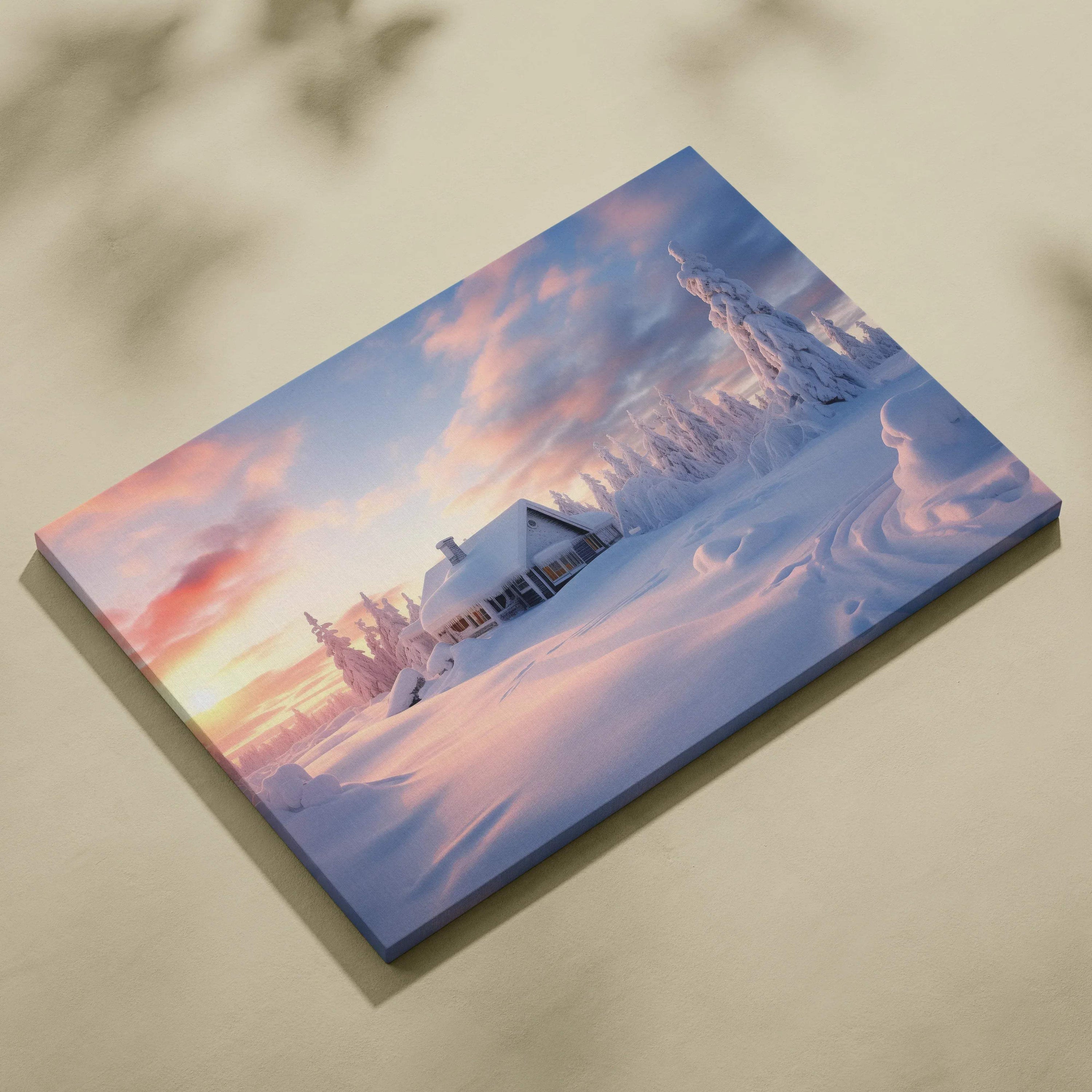 Canvas wall art featuring a snowy winter landscape with a cozy cabin under a pastel pink and orange sunset sky.