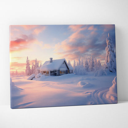 Canvas wall art featuring a cozy cabin surrounded by snow-covered trees under a vibrant pink and orange sunset sky.