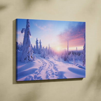 Winter landscape canvas wall art featuring snowy trees and a pink-orange sunset sky.
