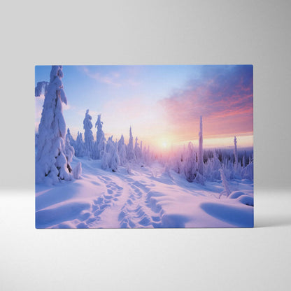 Canvas wall art featuring a snowy landscape at sunset with pink and orange sky hues and snow-covered trees.